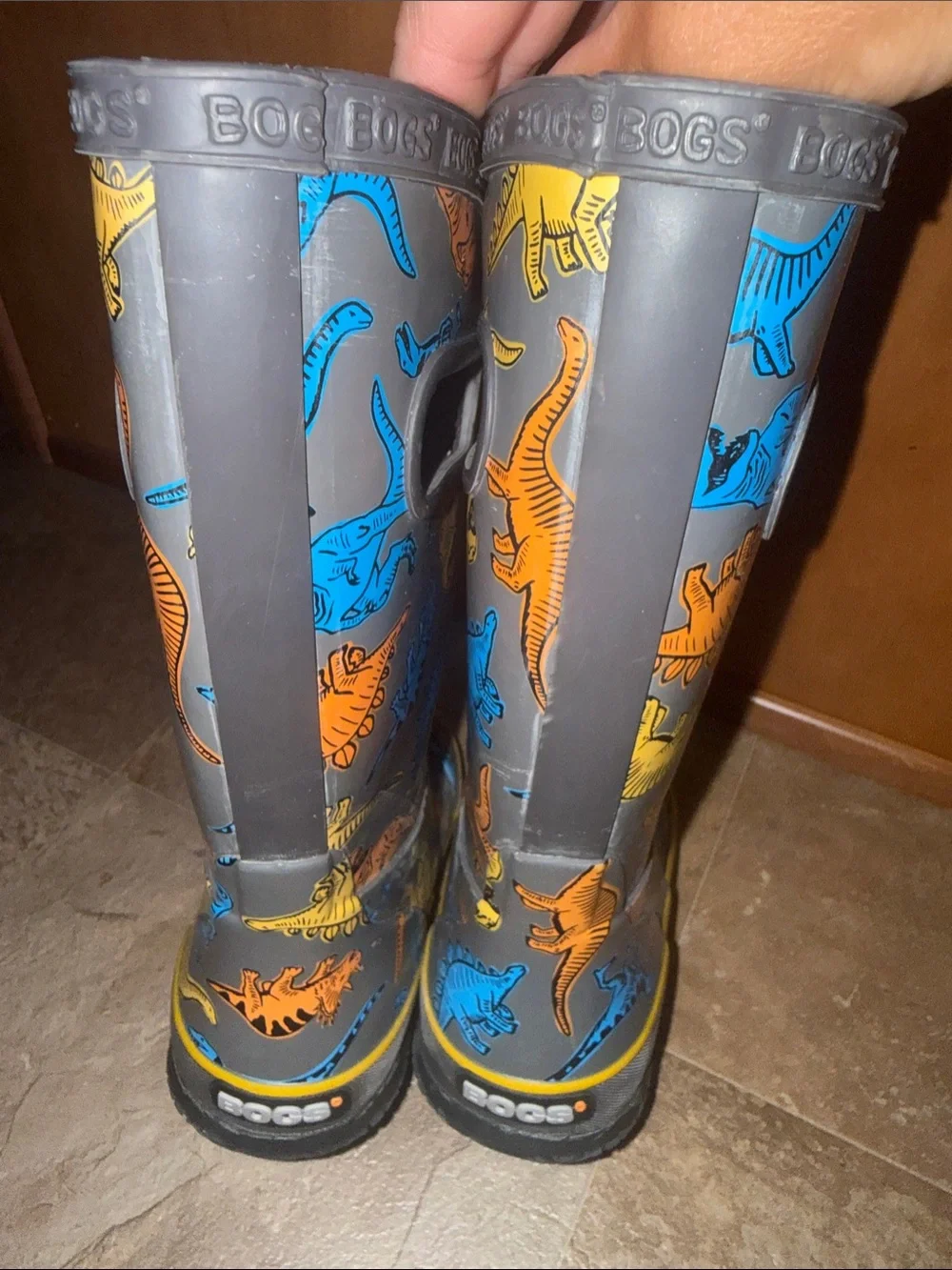 Bogs Kids Gray Rain Boots with Blue, Yellow & Orange Dinosaur Print
